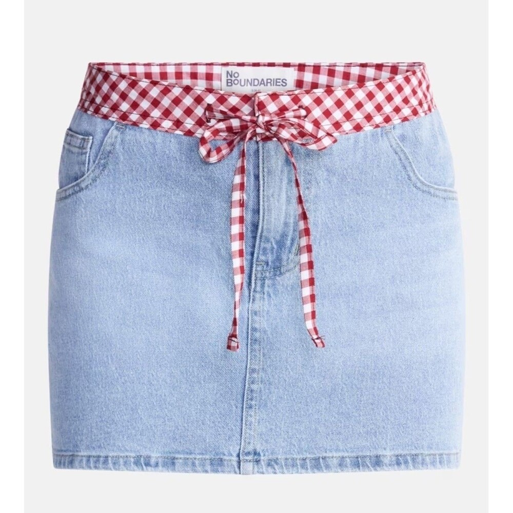 No Boundaries Denim Jean Mini Skirt Gingham Tie Waist Medium Y2K Cottagecore
